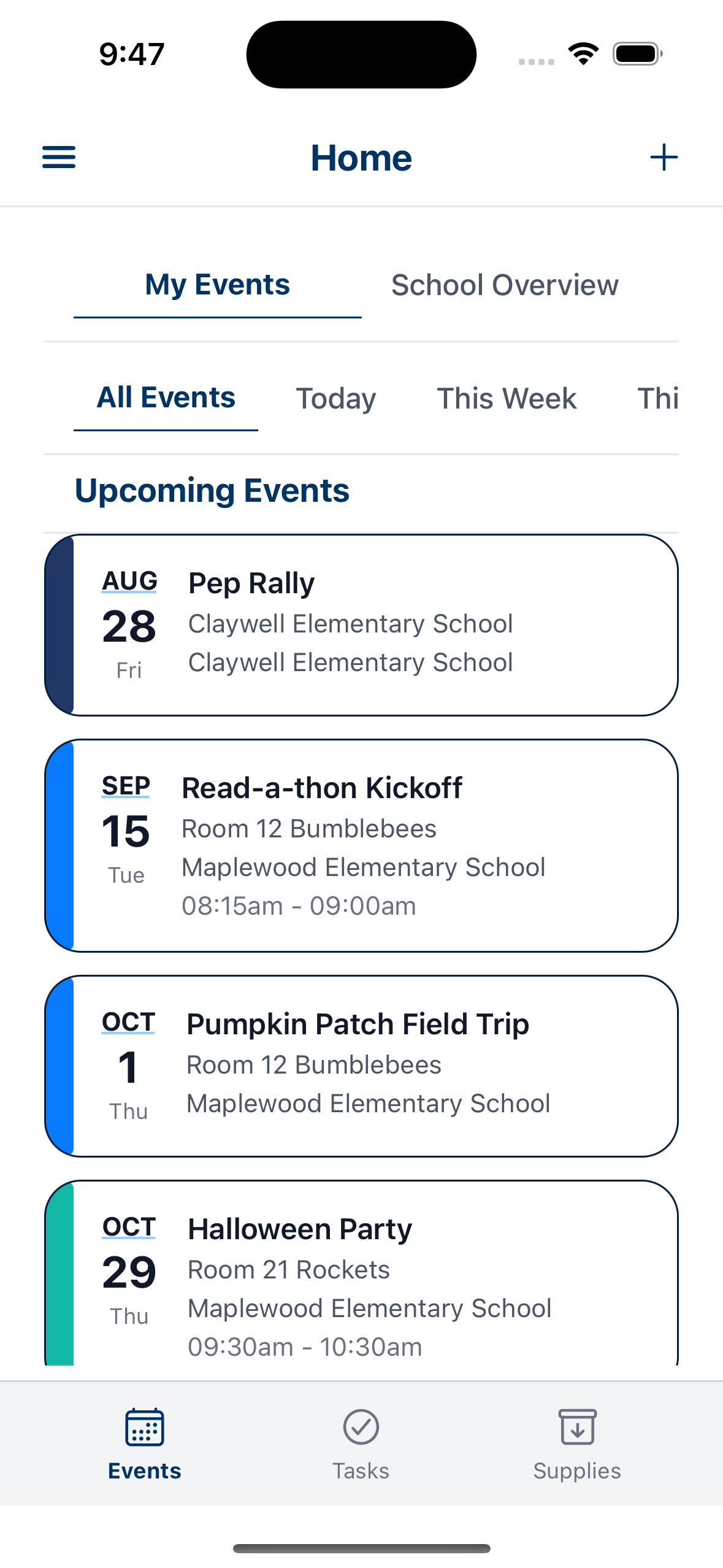 PTA Planner iPhone app showing upcoming class events