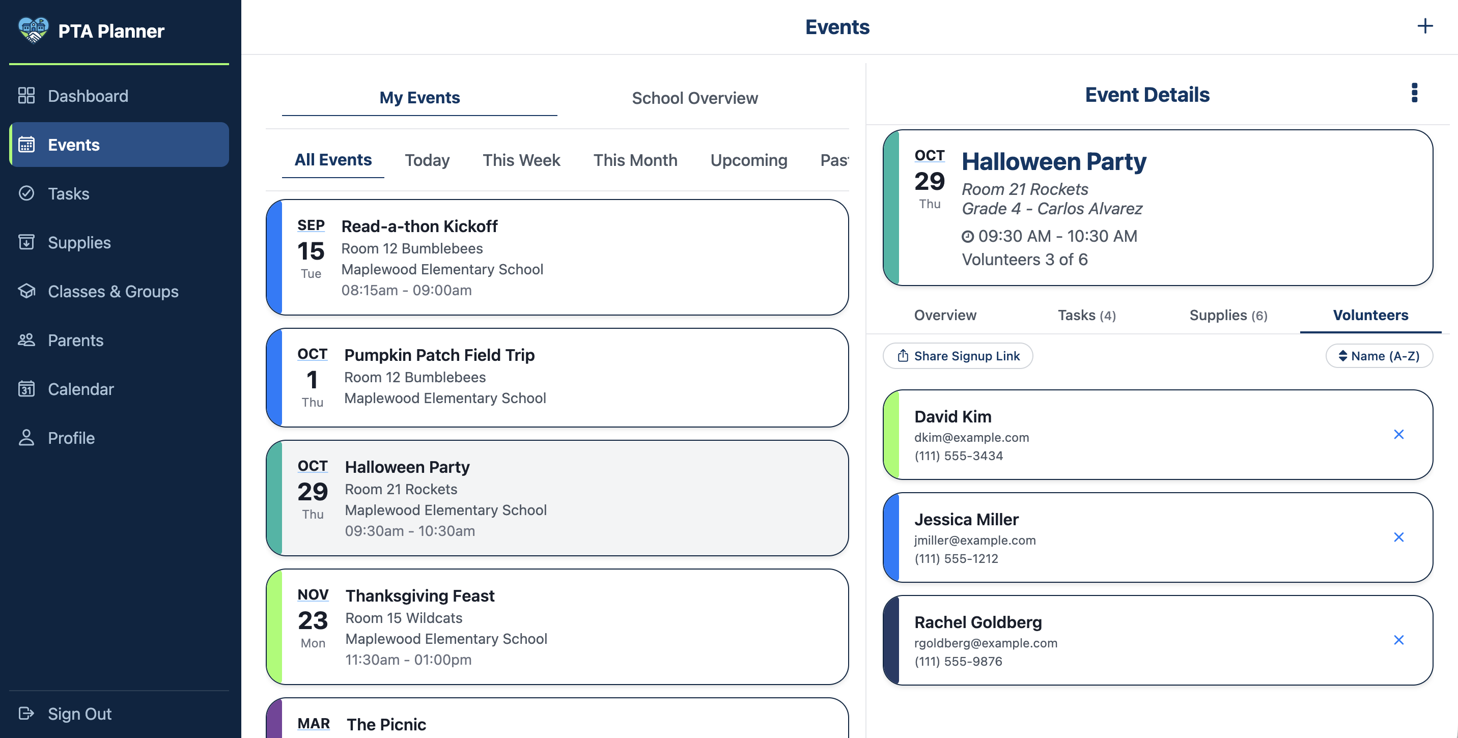 PTA Planner web app showing event details and volunteer sign-ups